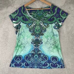 Y2K Apt 9 Top Womens XL Green Paisley Beaded Rhinestone V Neck Eclectic 2000s